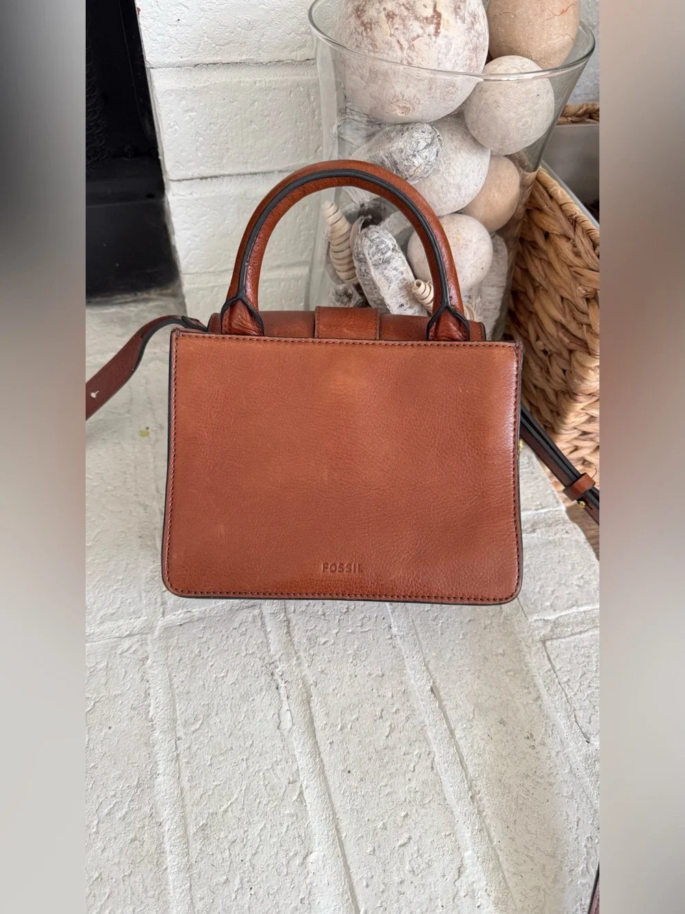Fossil Wiley Mini Leather Satchel Brown Cognac Crossbody Bag Top Handle Buckle